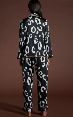 Cosmos Satin Long Leg Pj Set In Oversized Mono Leopard