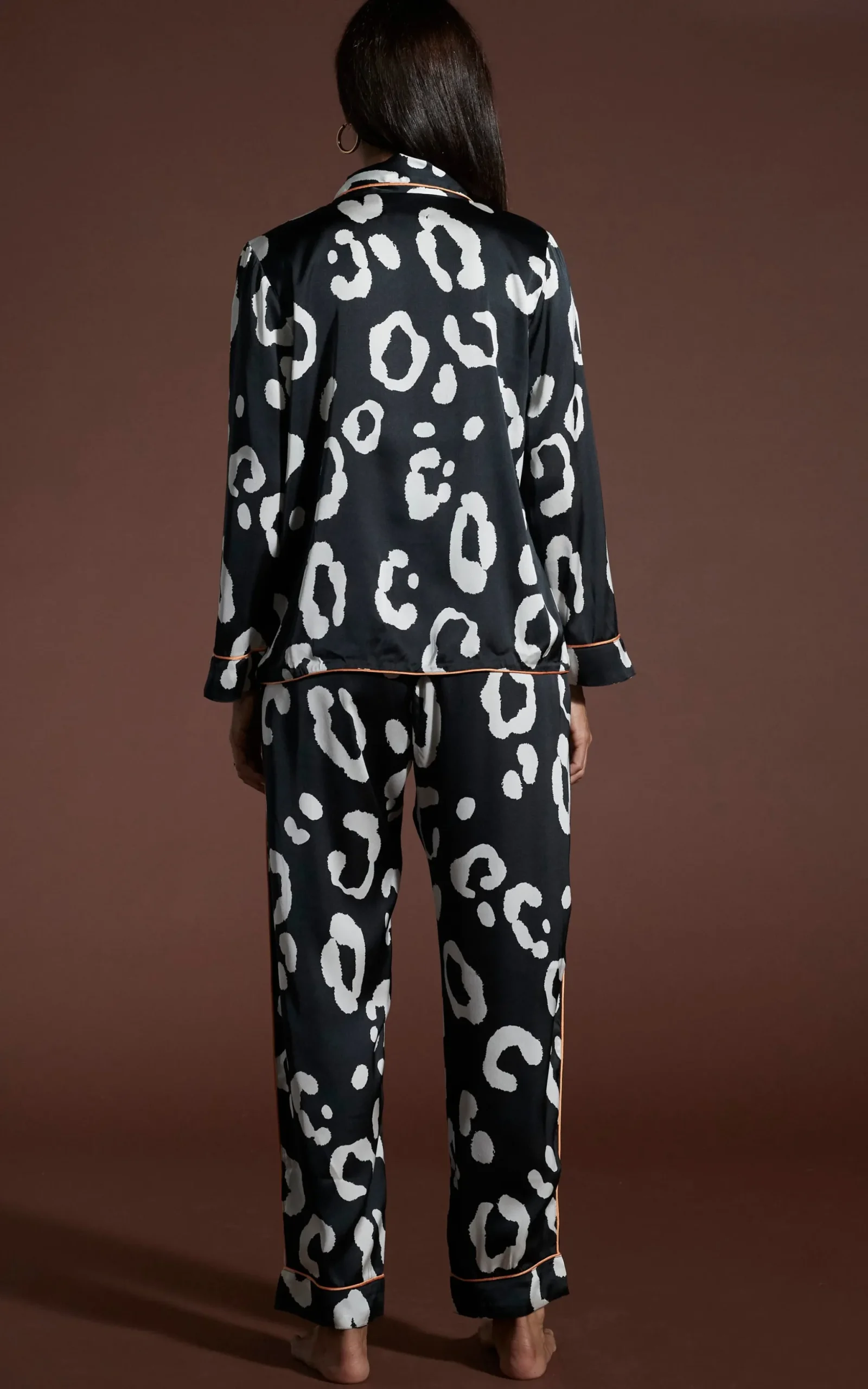 Cosmos Satin Long Leg Pj Set In Oversized Mono Leopard