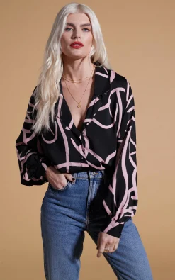 Dixie Balloon Sleeve Shirt In Pink Strokes On Black