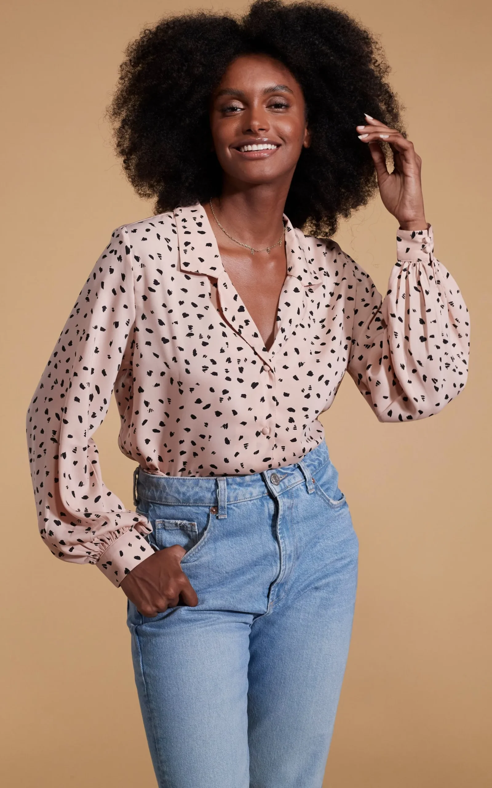 Dixie Balloon Sleeve Shirt In Abstract Black On Beige