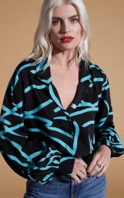 Dixie Balloon Sleeve Shirt In Blue Strokes On Black
