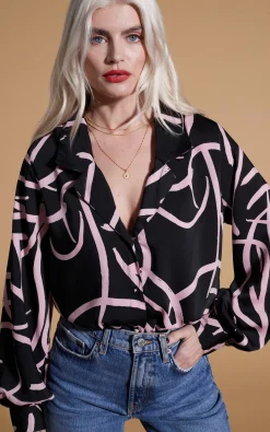 Dixie Balloon Sleeve Shirt In Pink Strokes On Black