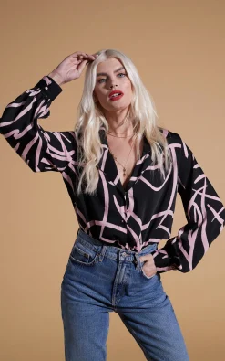 Dixie Balloon Sleeve Shirt In Pink Strokes On Black