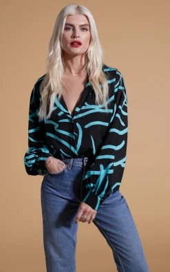 Dixie Balloon Sleeve Shirt In Blue Strokes On Black