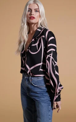 Dixie Balloon Sleeve Shirt In Pink Strokes On Black