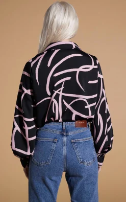 Dixie Balloon Sleeve Shirt In Pink Strokes On Black