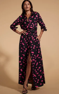Dove Dress In Abstract Dot Pink On Black