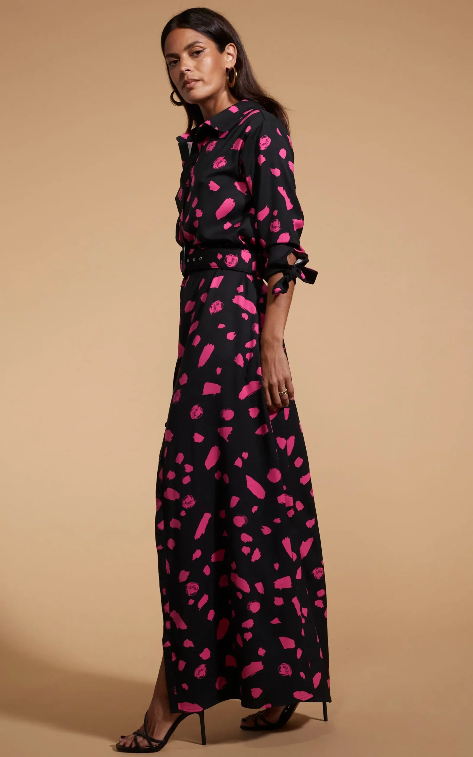 Dove Dress In Abstract Dot Pink On Black