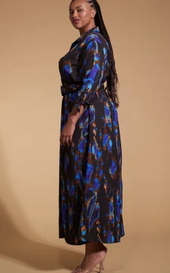 Dove Dress In Camo Abstract Blue On Black- Extended Sizing