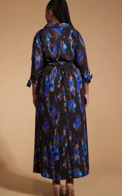 Dove Dress In Camo Abstract Blue On Black- Extended Sizing
