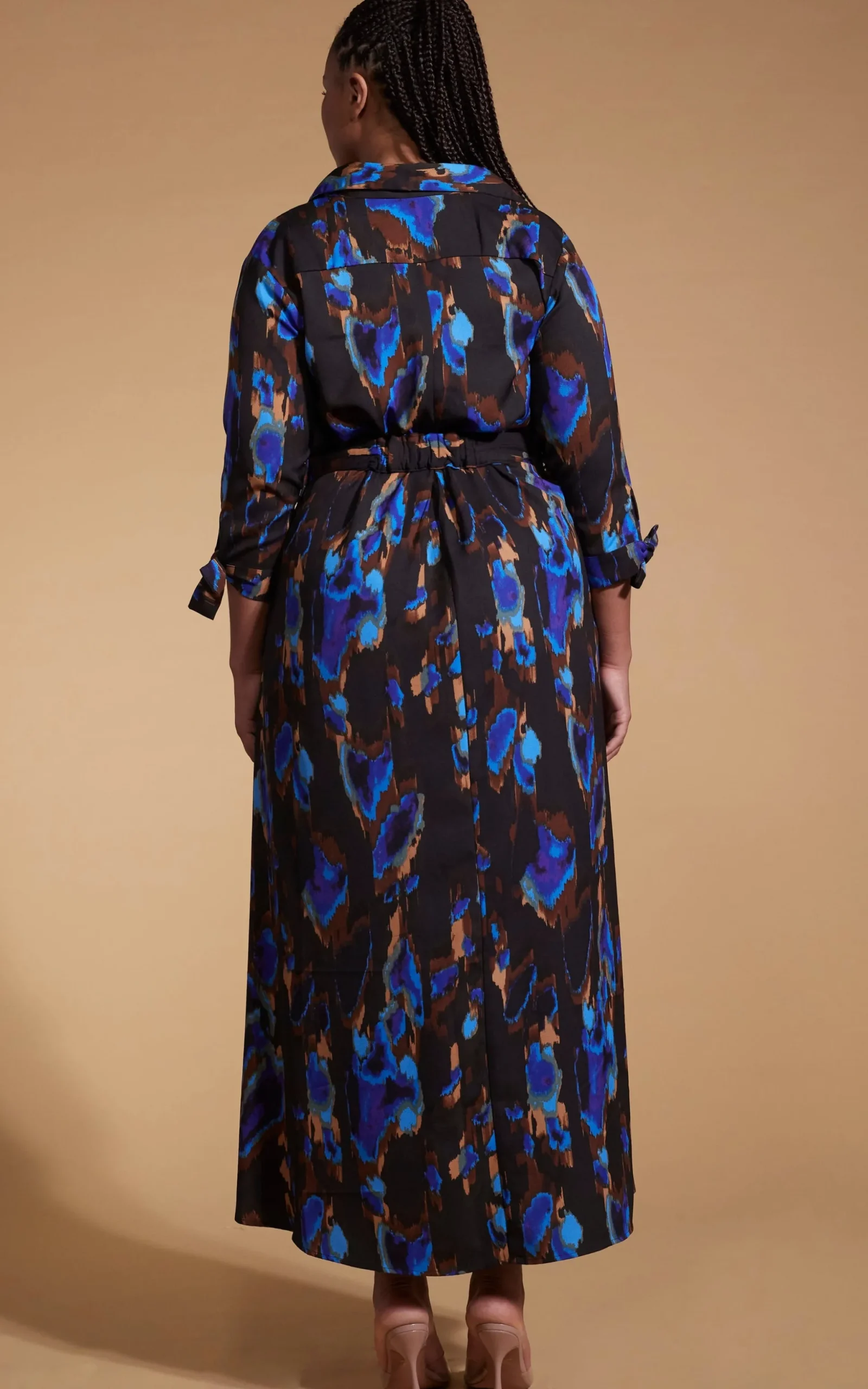 Dove Dress In Camo Abstract Blue On Black- Extended Sizing