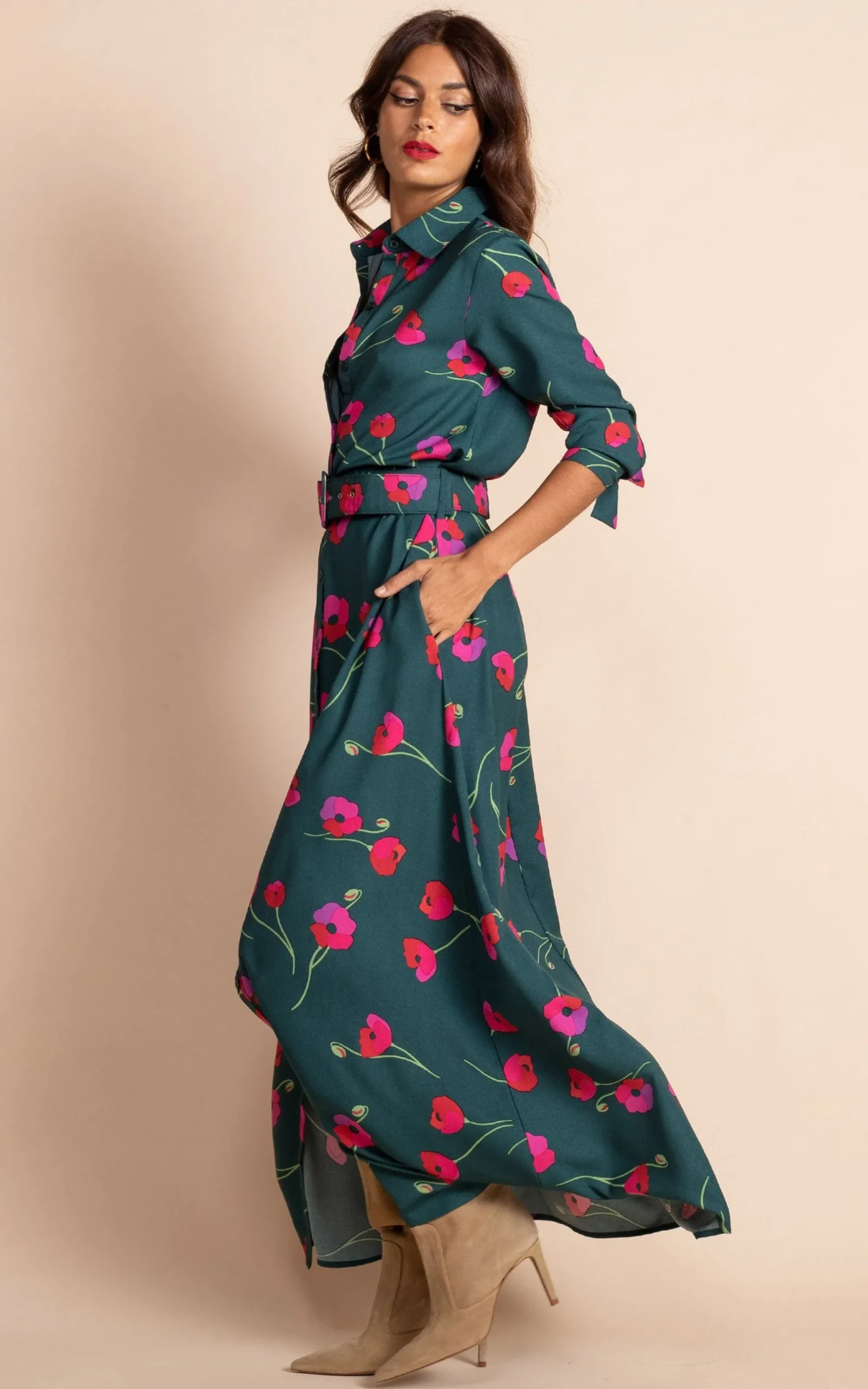 Dove Dress In Poppies On Dark Green