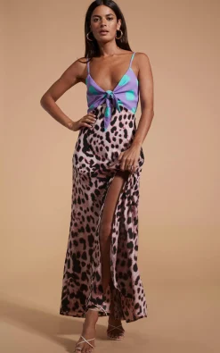 Florence Dress In Green On Purple Dot & Blush Leopard