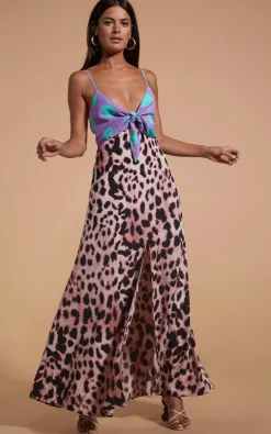 Florence Dress In Green On Purple Dot & Blush Leopard