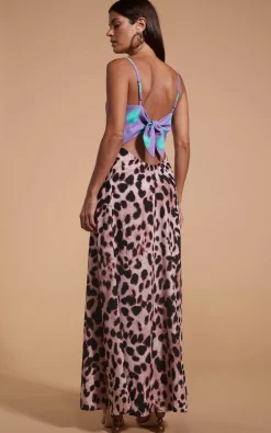 Florence Dress In Green On Purple Dot & Blush Leopard