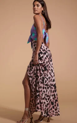 Florence Dress In Green On Purple Dot & Blush Leopard