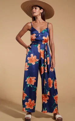 Gabriella Jumpsuit In Orange On Navy Blue Tulip