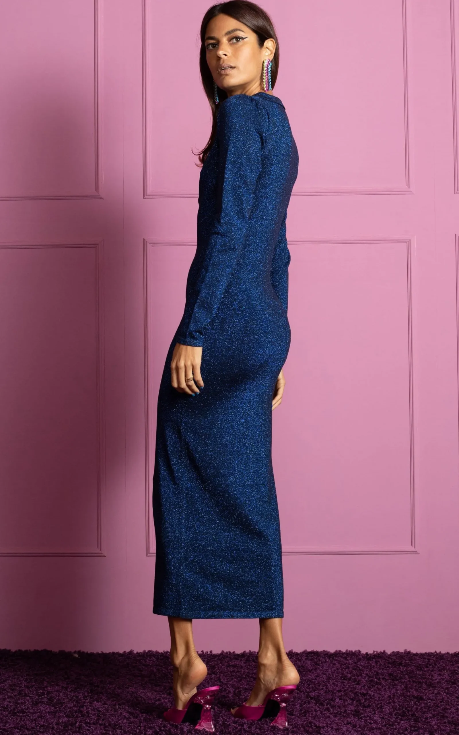 Gianna Metallic Knit Midaxi Dress In Blue