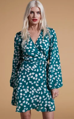 Ginger Mini Wrap Dress In White On Green Cloud