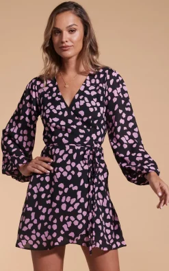 Ginger Mini Wrap Dress In Pink On Black Cloud