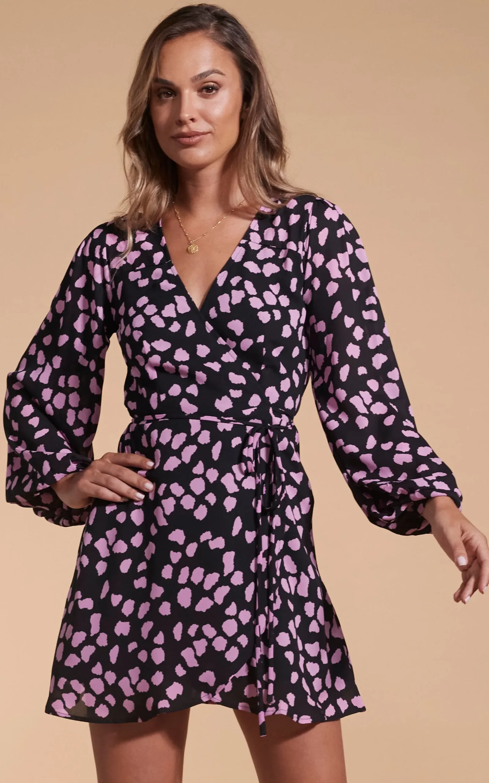 Ginger Mini Wrap Dress In Pink On Black Cloud