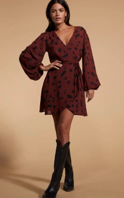 Ginger Mini Wrap Dress In Abstract Dot Black On Rust