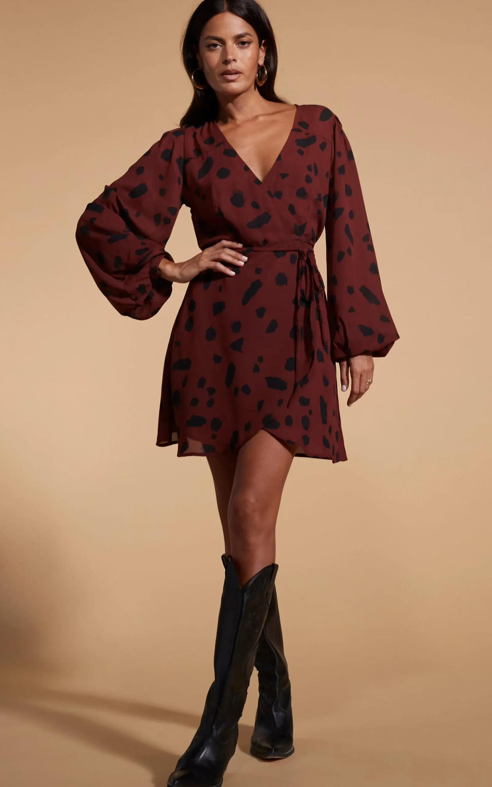 Ginger Mini Wrap Dress In Abstract Dot Black On Rust