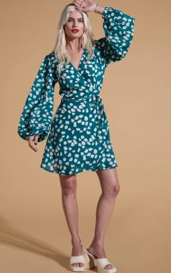 Ginger Mini Wrap Dress In White On Green Cloud