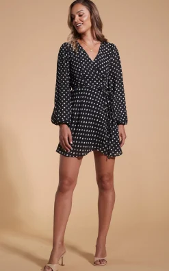 Ginger Mini Wrap Dress In Black Polka Dot