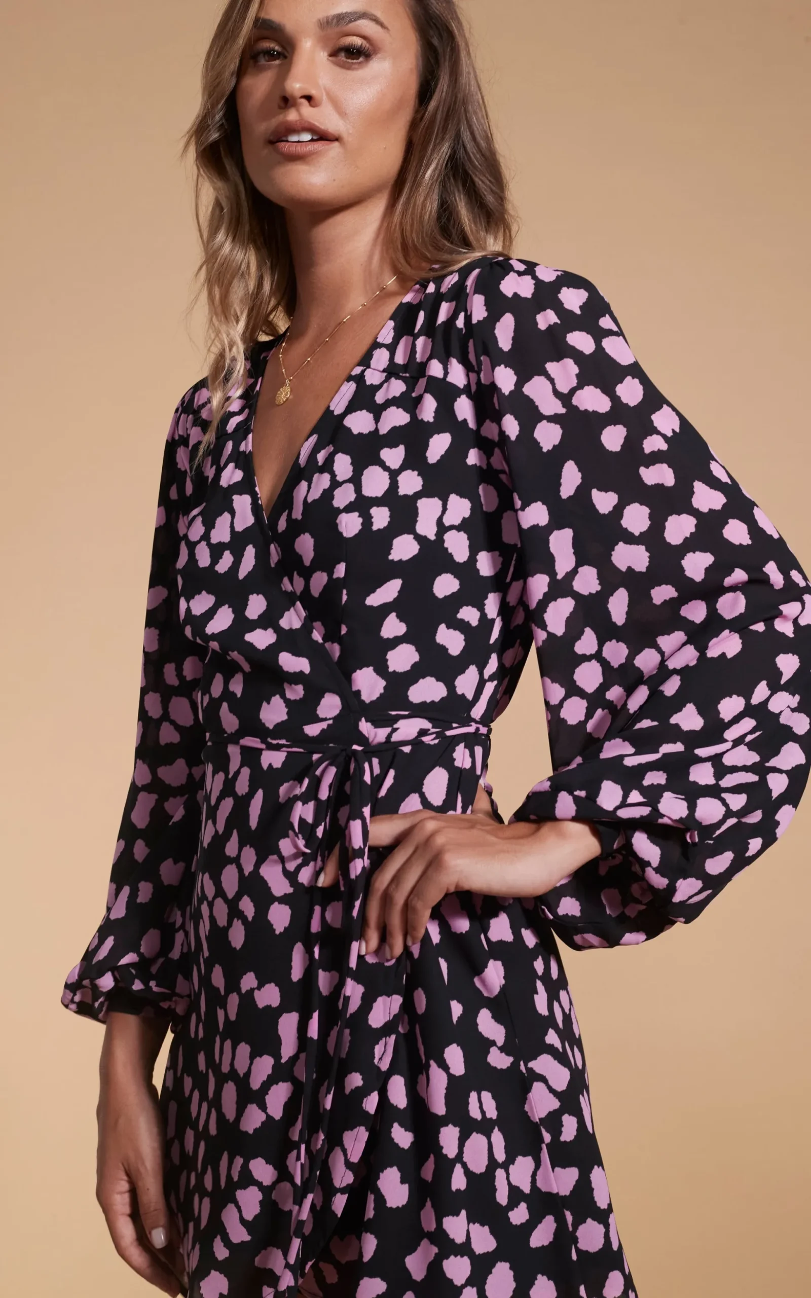 Ginger Mini Wrap Dress In Pink On Black Cloud
