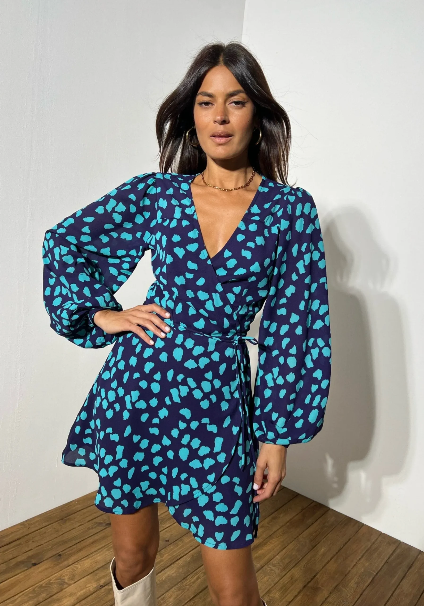 Ginger Mini Wrap Dress In Ice Blue On Navy Cloud