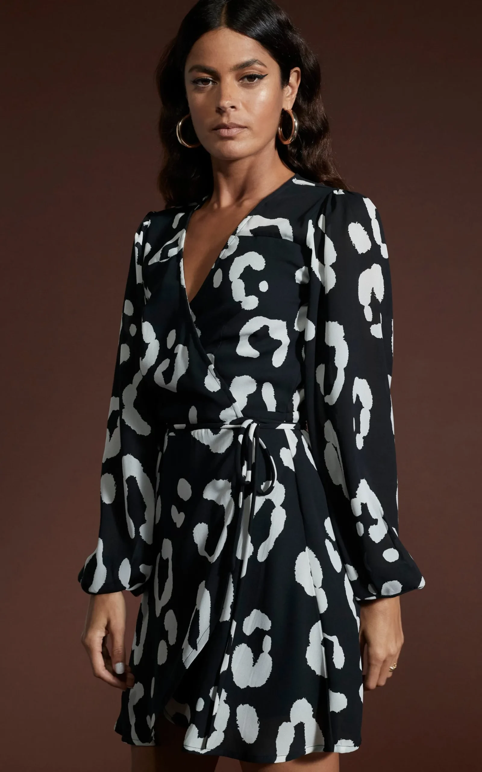 Ginger Mini Wrap Dress In Oversized Mono Leopard