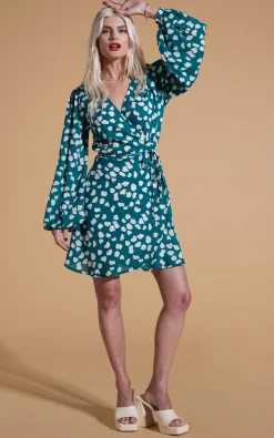 Ginger Mini Wrap Dress In White On Green Cloud