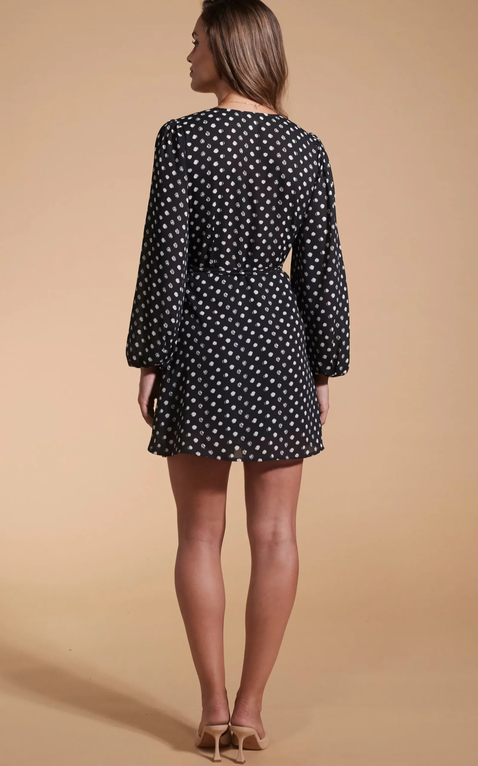 Ginger Mini Wrap Dress In Black Polka Dot