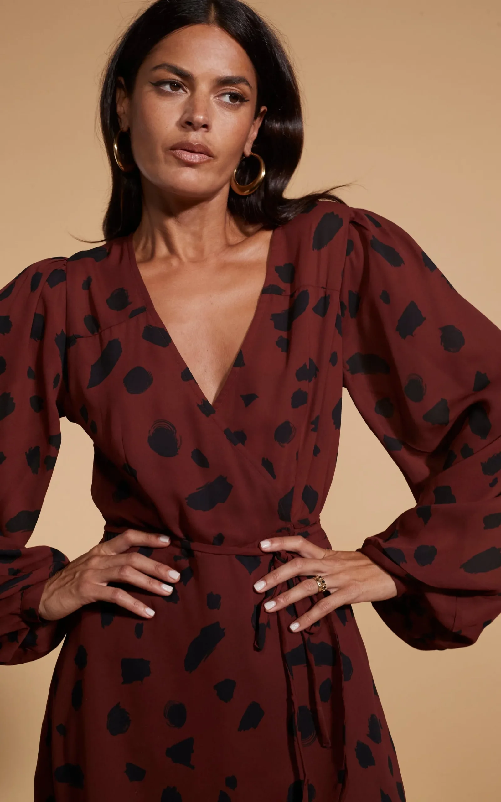 Ginger Mini Wrap Dress In Abstract Dot Black On Rust