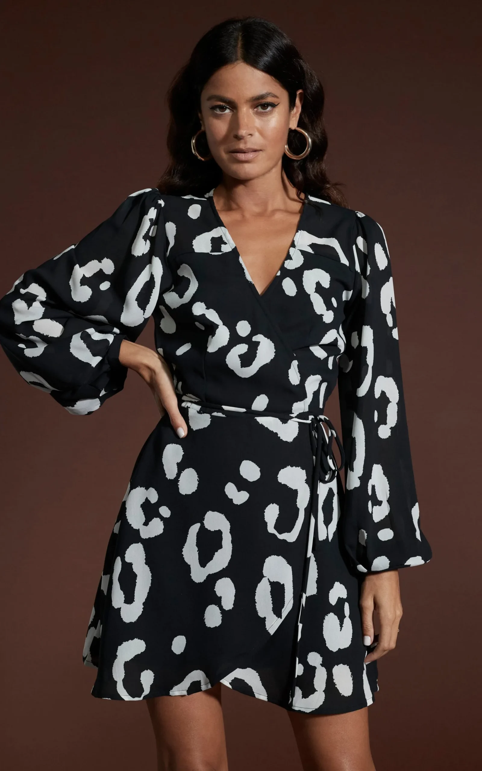Ginger Mini Wrap Dress In Oversized Mono Leopard