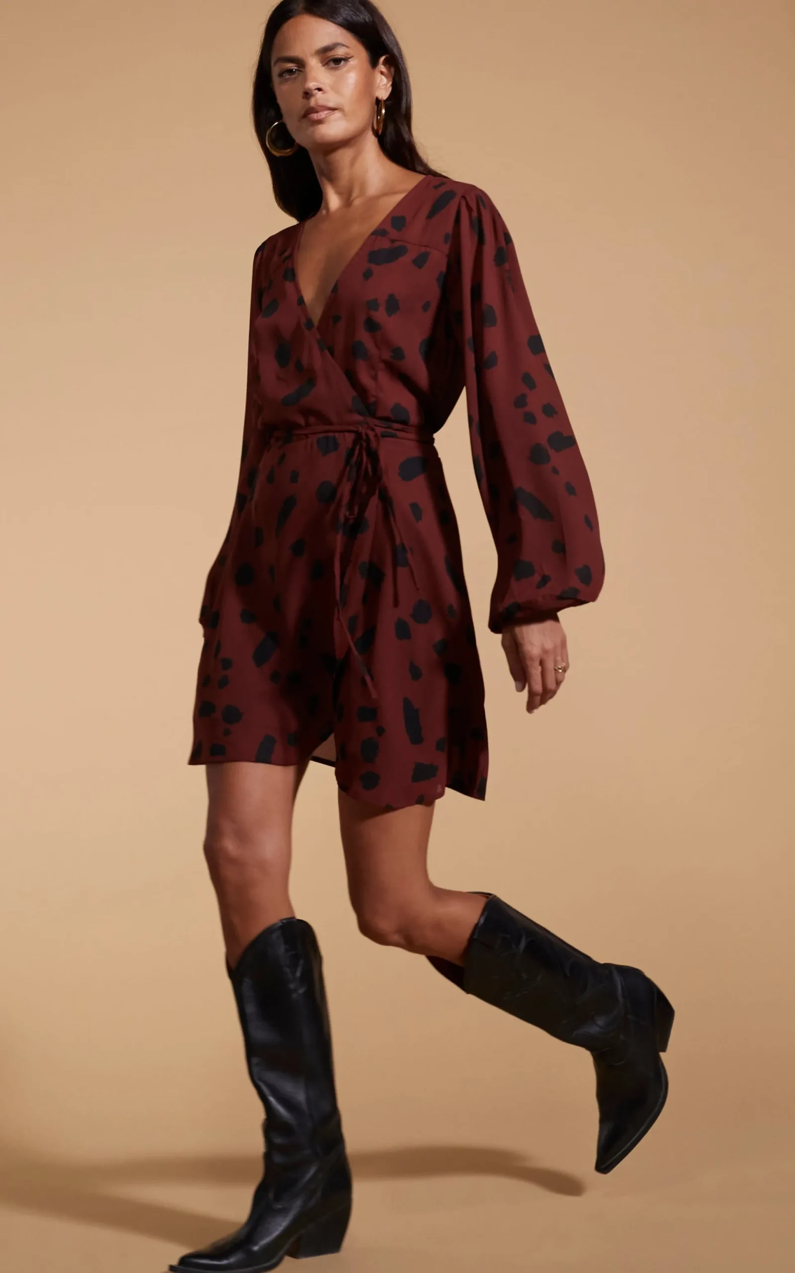 Ginger Mini Wrap Dress In Abstract Dot Black On Rust