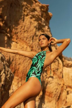 Halo Molokai Halter Neck Swimsuit In Watercolour Green Leaf