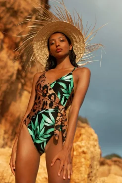 Halo Neema Wrap Swimsuit In Leopard & Watercolour Green Leaf