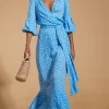 Havannah Maxi Wrap Dress In Abstract White On Blue