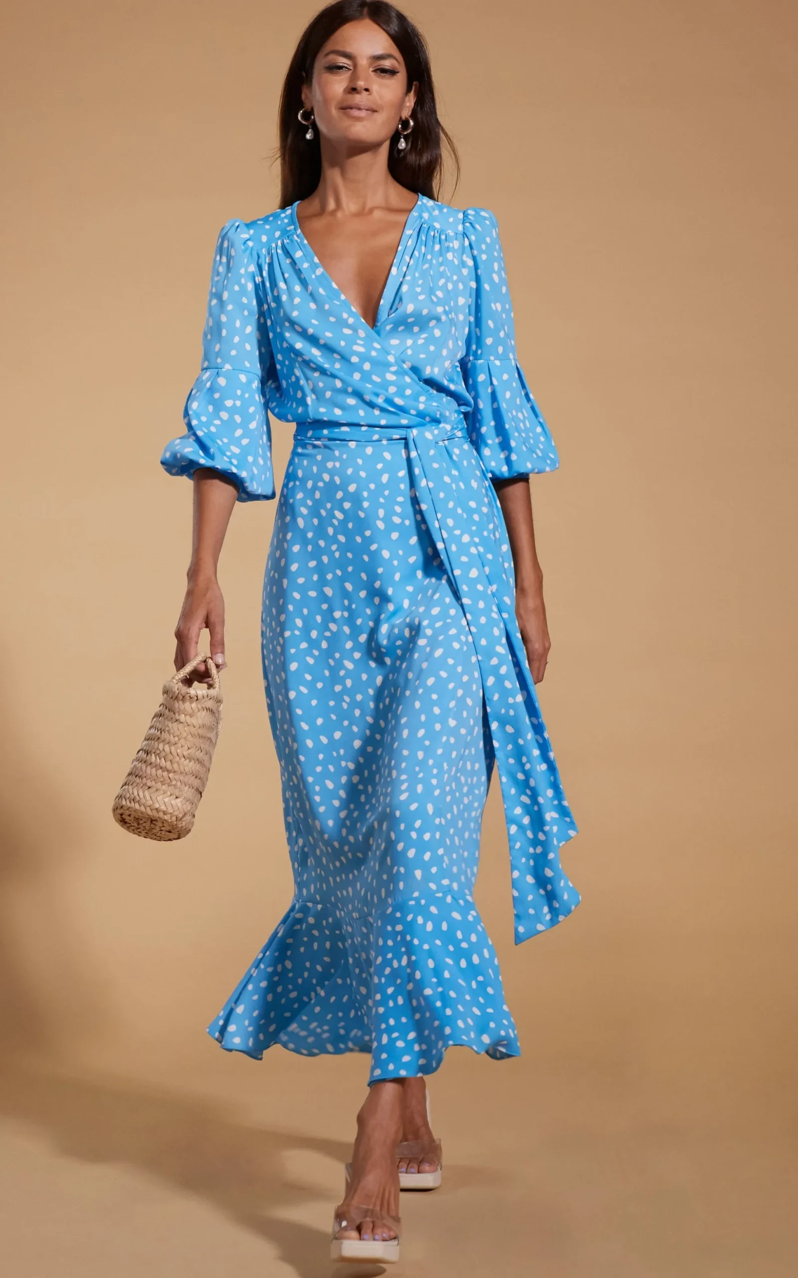 Havannah Maxi Wrap Dress In Abstract White On Blue