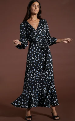 Havannah Maxi Wrap Dress In Abstract White On Black Leopard