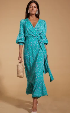Havannah Maxi Wrap Dress In Abstract Pink On Sea Green