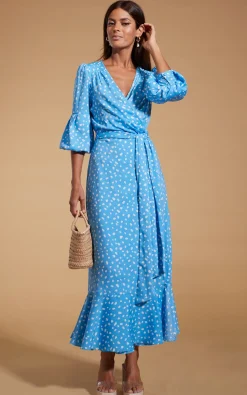 Havannah Maxi Wrap Dress In Abstract White On Blue