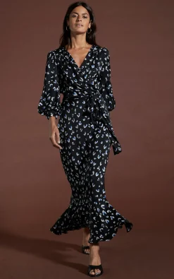 Havannah Maxi Wrap Dress In Abstract White On Black Leopard