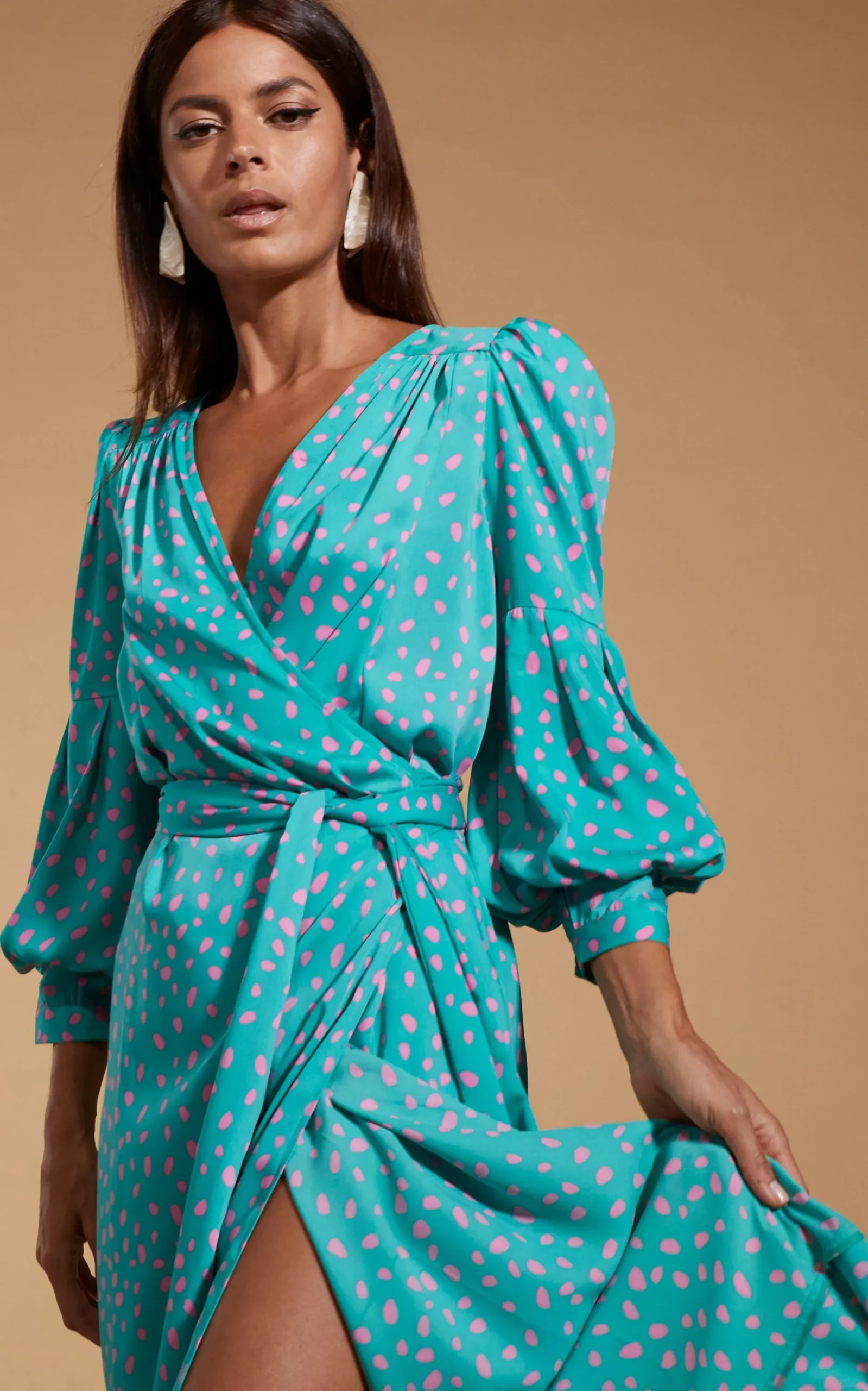 Havannah Maxi Wrap Dress In Abstract Pink On Sea Green