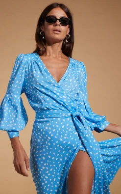 Havannah Maxi Wrap Dress In Abstract White On Blue