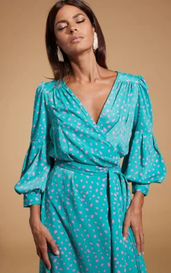 Havannah Maxi Wrap Dress In Abstract Pink On Sea Green