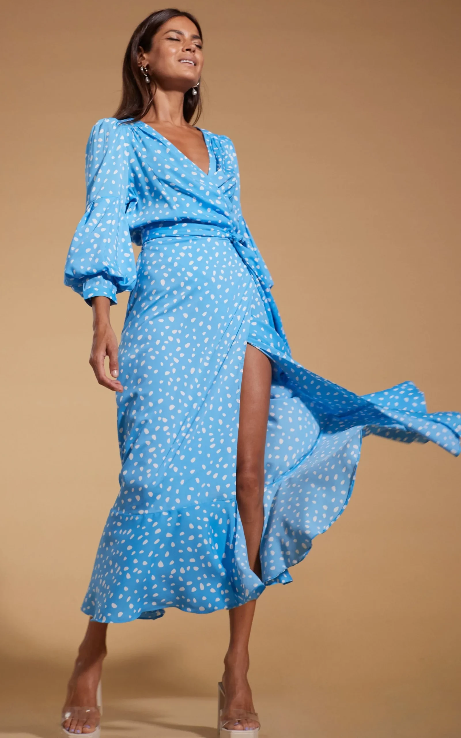 Havannah Maxi Wrap Dress In Abstract White On Blue
