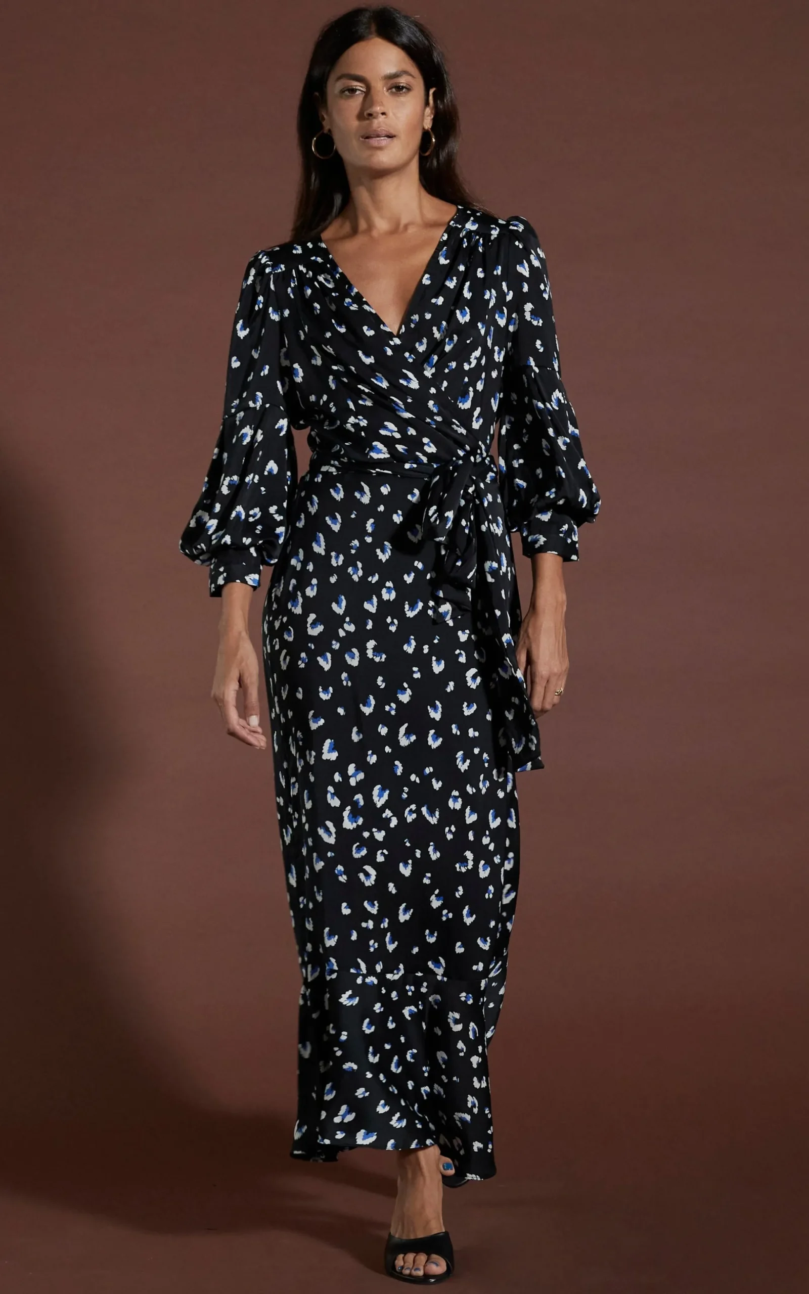 Havannah Maxi Wrap Dress In Abstract White On Black Leopard
